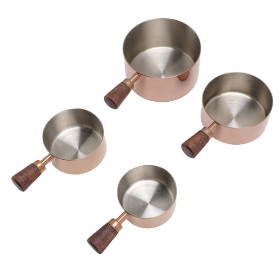 Xirurus 4-Piece Stainless Steel Measuring Cup Set, Stackable Condiment Cups & Dipping Sauce Bowls, Nested Portion Pots with Short Walnut Wood Handles for Coffee, Baking, Kitchen Cooking, Silver