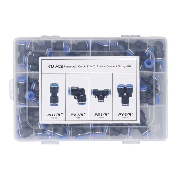 Xirurus 40 Pieces 1/4 Inch Pneumatic Fitting Kit Push to Connect Splitter Tee Elbow Straight Connectors for PU Nylon Soft PE Pipe (10 inches / 25.4 cm)