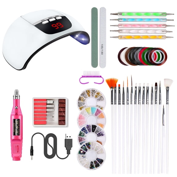 Xirurus 45W Nail Lamp & Tool Kit 4 Boxes Rhinestones, Nail Brush, Dotting Pens, 15 LED Beads, 3 Timer Settings, USB Rechargeable, Manicure Tape
