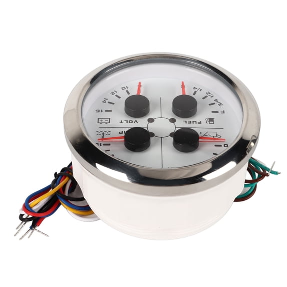 Xirurus 4in1 3.35 inches / 85 mm Gauge Multifunction Fuel Level Oil Pressure Water Temp Volt Meter DC 8-16V for Car RV Boat Motorcycle, White Dial Silver Cover F/PSI