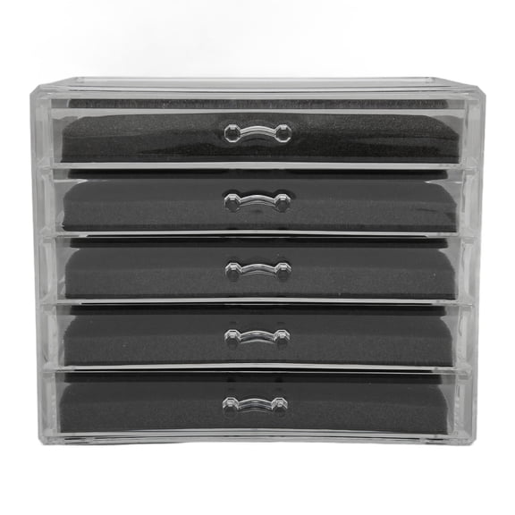 Xirurus 5 Layer Clear Acrylic Jewelry Drawer Storage Box Case, Transparent Free Standing Desktop Cosmetic Makeup Organizer Cabinet With Sponge Liners (11.02 inches / 28 cm)