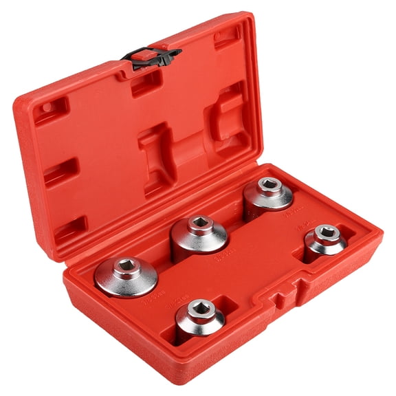 Xirurus 5-Piece Automotive Oil Filter Wrench Cap Socket Drive Remover Tool Set, Includes 24mm, 27mm, 32mm, 36mm, and 38mm Sizes with Red Storage Case (9.84 inches / 25 cm Length)
