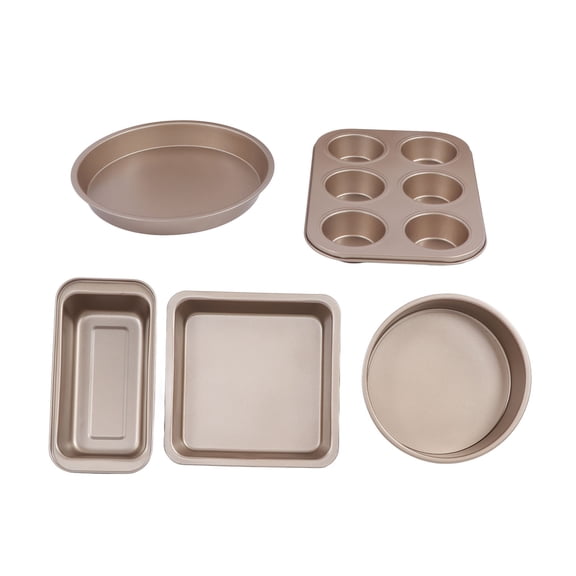 Xirurus 5-Piece Professional Carbon Steel Bakeware Set, Nonstick Baking Pans Kit with Cake Mold, Pizza Tray for Home Kitchen Oven, Gold (10.4 inches / 26.5 cm)