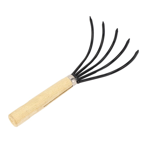 Xirurus 5‑Tine Garden Hand Rake – Ergonomic Wooden Handle, Carbon Steel Tines for Tilling, Loosening & Cultivating Soil