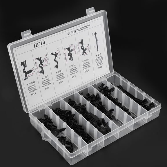 Xirurus 54-Piece Assorted Car Body Wiring Harness Fastener Wire Routing Clip Convoluted Conduit Clip Kit, 6 Sizes, Universal Automotive Plastic Wire Clip Replacement Set, Black