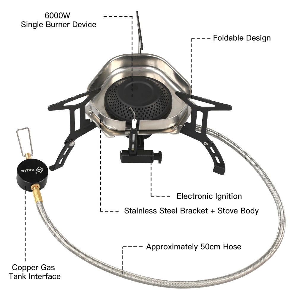 Xirurus 6000W Windproof Folding Camping Gas Stove – 50cm Hose, 3 Pot Carriers, Rapid Heat, Wind‑Shielded, Versatile Outdoor Cooking