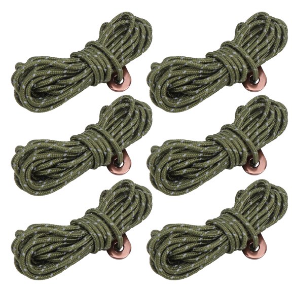 Xirurus 6Pcs Reflective Tent Ropes with Aluminum Alloy Buckle, 13.1 ft / 4m Long, 0.12 in / 3mm Diameter Windproof Camping Rope Guy Lines for Hiking, Backpacking, and Outdoors, Army Green