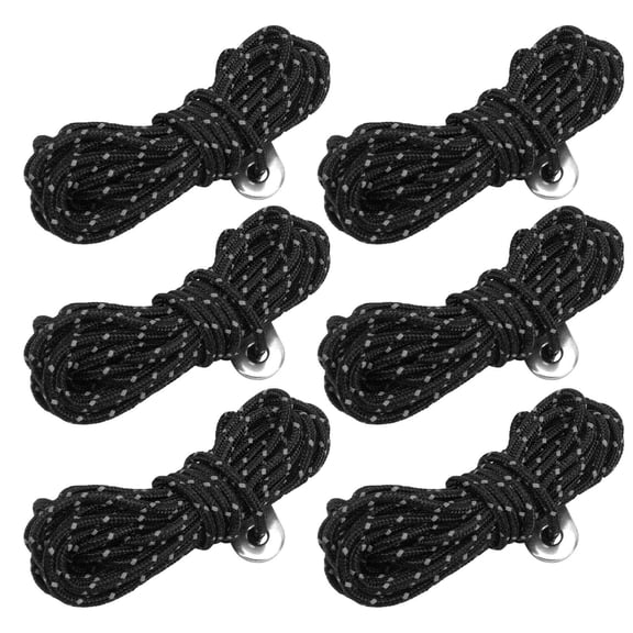 Xirurus 6Pcs Reflective Tent Ropes with Aluminum Alloy Buckle, 13.1 ft / 4m Long, 0.12 in / 3mm Diameter Windproof Camping Rope Guy Lines for Hiking, Backpacking, and Outdoors, Black