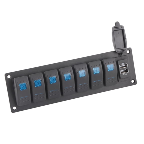 Xirurus 7 Gang Rocker Switch Panel IP66 Waterproof Marine Toggle Switch Panel With Dual USB Charger Blue Backlit 9.06 inches / 23 cm[cite: 1]