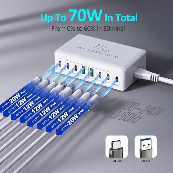 Xirurus 70W 8-Port USB Type-C Desktop Charging Station, PD20W Fast Charger Hub for Smartphones, Tablets, Watches, White, US Plug (6.69 inches / 17 cm)