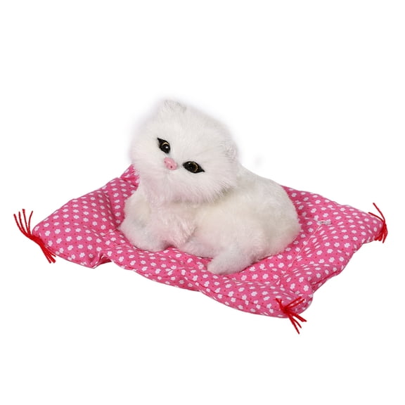 Xirurus Adorable Mini Simulation Sounding Sitting Kitten Plush Toy Realistic White Cat Figurine with Cushion for Home Decor and Kids Birthday Holiday Gift 6.7 x 5.5 inches / 17 x 14 cm