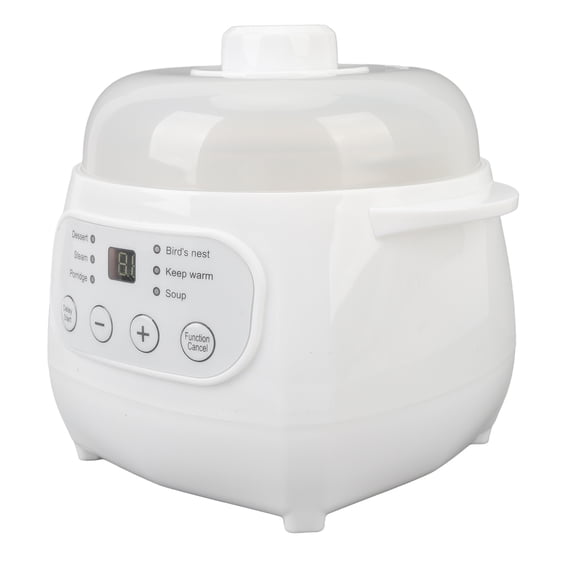 Xirurus Automatic Electric Stew Cooker with Ceramic Pot and Steam Basket, 1.3 qt / 1.2 L Portable Slow Cooker with Timer and Pre-settings for Healthy Soup and Porridge, White