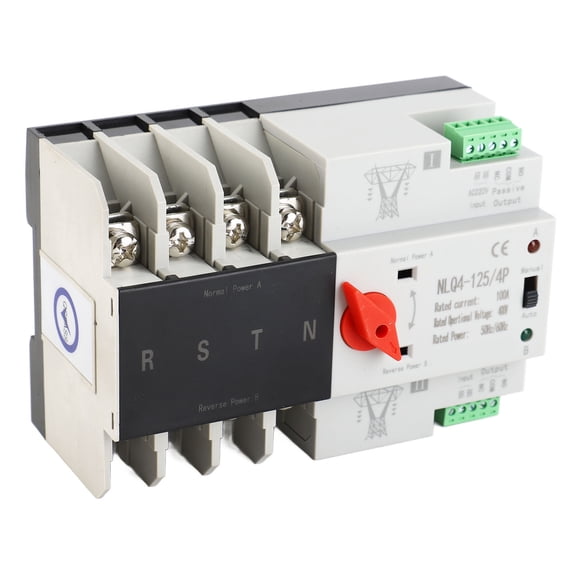 Xirurus Automatic Transfer Switch 4P 3-Phase 4-Wire Uninterruptible Power Control Switch, 400V 100A DIN Rail Mounted Dual Power Transfer Switch for Home Backup (5.91 in / 15.0 cm)