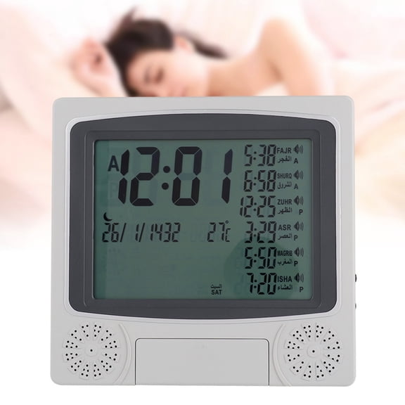 Xirurus Azan Clock Prayer Timer, Digital Table Clock for Muslim Prayers, 1500 Cities Times, Temperature Display, Backlight Function for Home Office, 9.4 inches / 24 cm