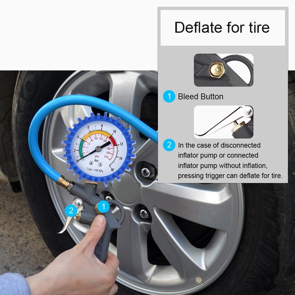 Xirurus Car Truck Motorcycle Tyre Tire Air Pressure Inflator Gauge Meter Tester 0220PSI With 14 Inches / 35.5 cm Rubber Hose, Built-In Bleed Button, Heavy Duty Auto Care Tool For Safe Driving
