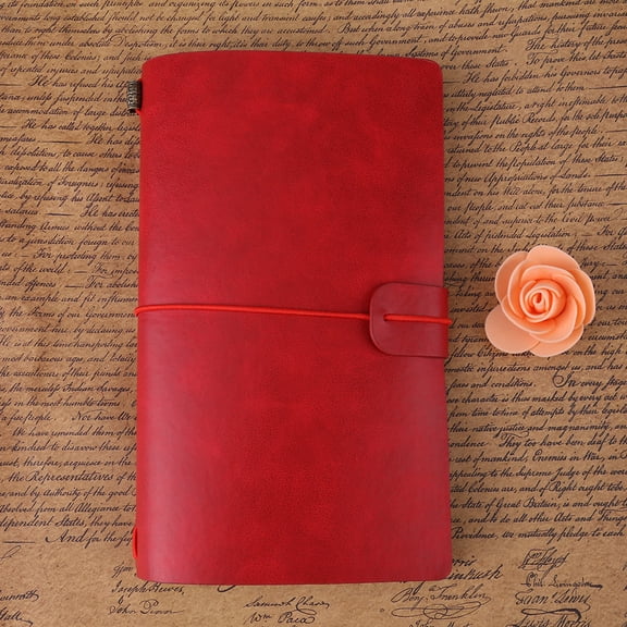 Xirurus Classic PU Leather Travel Notebook Personalized Journal Diary Refillable Notepad for Writing Sketching Office Business Supplies, Retro Design Strap Buckle, Beige Paper, 68 Pages, Red Color