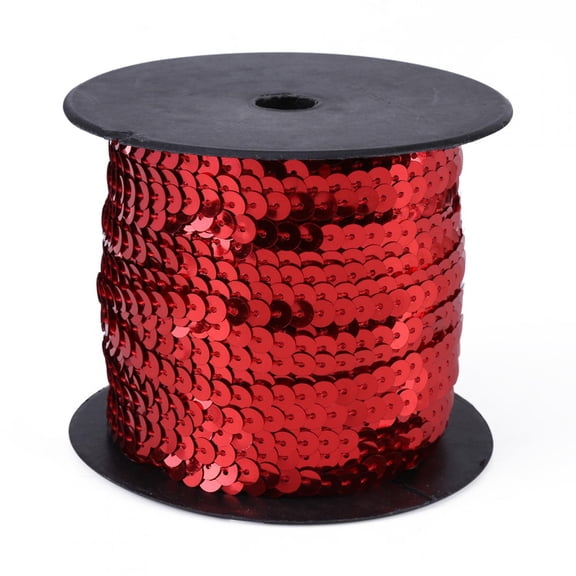 Xirurus DIY 100 Yards (91.4 meters) 6mm Shiny Flat Round Sequins Trim Sewing Strings Line Accessory for Clothes Making, Embellishments, Crafts, and Hair Decorations, Vibrant Red Spool
