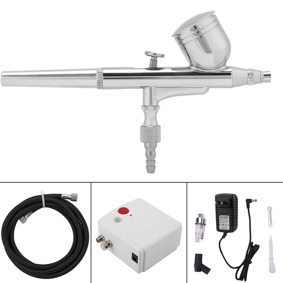Xirurus Dual Action Airbrush Compressor Kit, 0.2mm Gravity Feed Spray Gun Tool Set for Makeup, Tattoo, Nail Art, Cake Decoration, White Mini Air Pump (110-240V US Plug), 10 L/min, 74.8 inches/190 cm