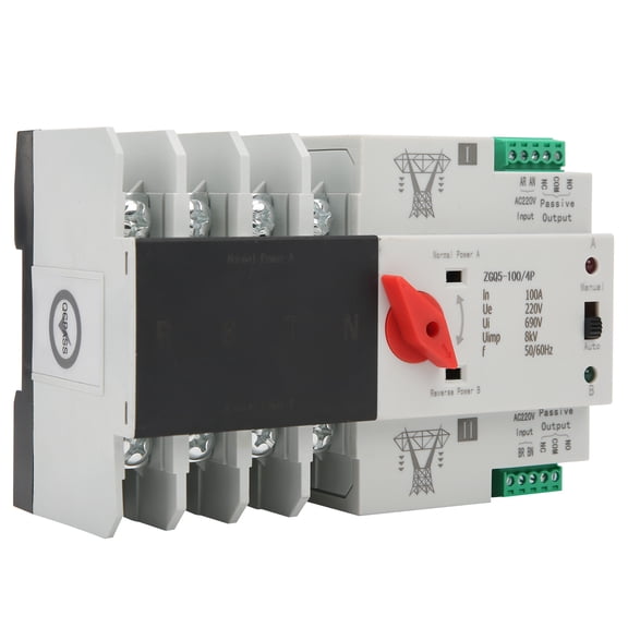 Xirurus Dual Power Automatic Transfer Switch Circuit Breaker Changeover ZGQ5-100/4P 220V 100A, Home Backup Electrical Power Selector Switch for Residential and Commercial Use, 4-Pole