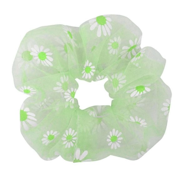 Xirurus Elastic Soft Gauze Daisy Pattern Large Intestine Hair Bands Scrunchies for Women and Girls, Green, Everyday Fashion Hair Accessories for Ponytail, 1 Count, 14.00 inches / 35.5 cm Pack
