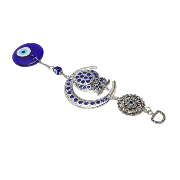 Xirurus Evil Eye Talisman with Owl Pendant Turkish Blue Blessing Amulet Wall Hanging Decor for Home Foyer Protection Vintage Silver Moon Figurine Ornament Decoration 10.2 inches