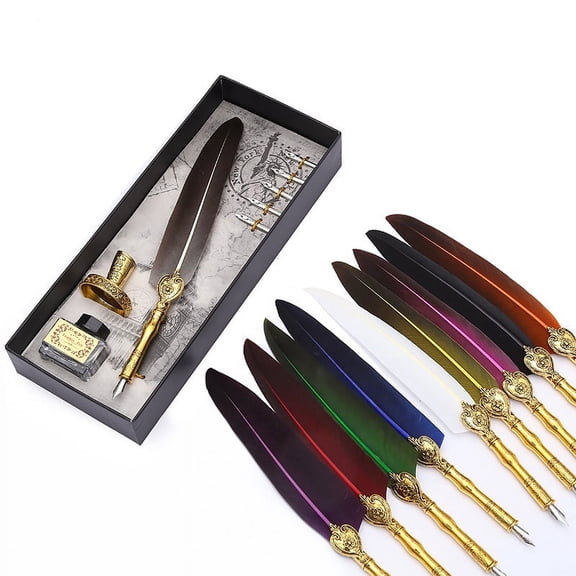 Xirurus Feather Quill Pen Set - European Vintage Dip Pen with Ink, Gold-Sprinkled Fountain Pen Gift Box, Blue 1.0mm Nib, Antique Calligraphy Writing Kit for Beginners and Professionals