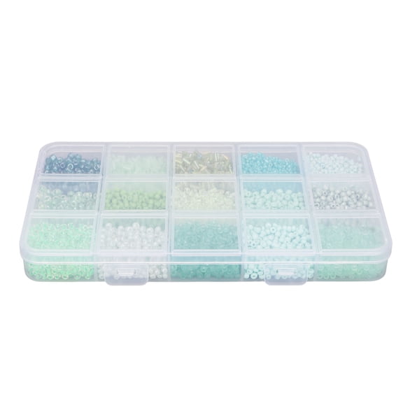 Xirurus Glass Seed Beads 15 Compartments Sorted Storage Box Packaging Jewelry Making Kit for DIY Handicraft Projects Light Green (6.9 x 4.0 inches / 17.4 x 10.2 cm)