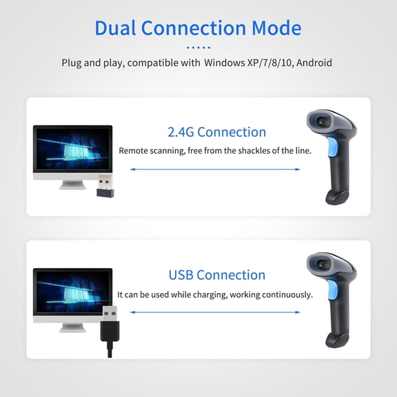 Xirurus Handheld Barcode Scanner 1D/2D/QR Scanner 2.4G Wireless & USB Wired Bar Reader Compatible with Windows Mac Linux for Supermarket Retail Library Logistics Warehouse