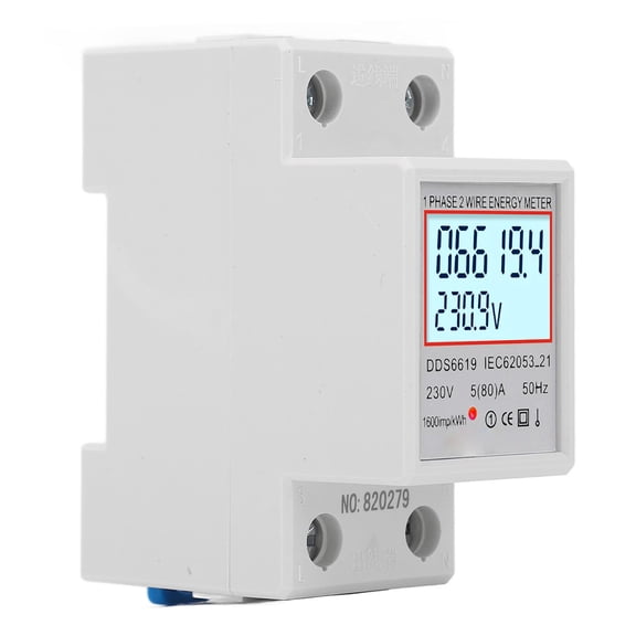 Xirurus High-Precision LCD Digital Electricity Meter Single Phase 2 Pin DIN Rail Energy Monitor Submeter Volts Amps Multimeter Tester 5(80)A 230V AC Backlight DDS6619-004 (9.00x7.00x4.00 in)