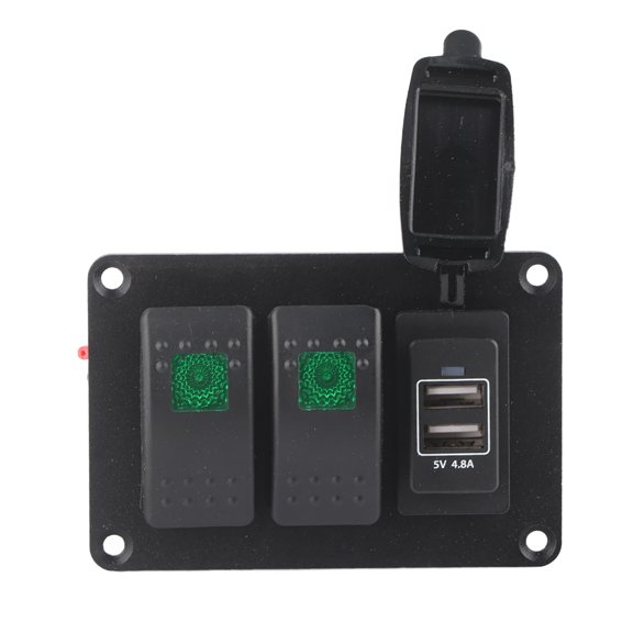 Xirurus Motorcycle ATV Switch Panel with 2 Single Light Rocker Switches & 4.8A Dual USB Car Charger, Waterproof 12V/24V Toggle Switch Board with 45 Pattern Stickers for Boat RV UTV, Green LED