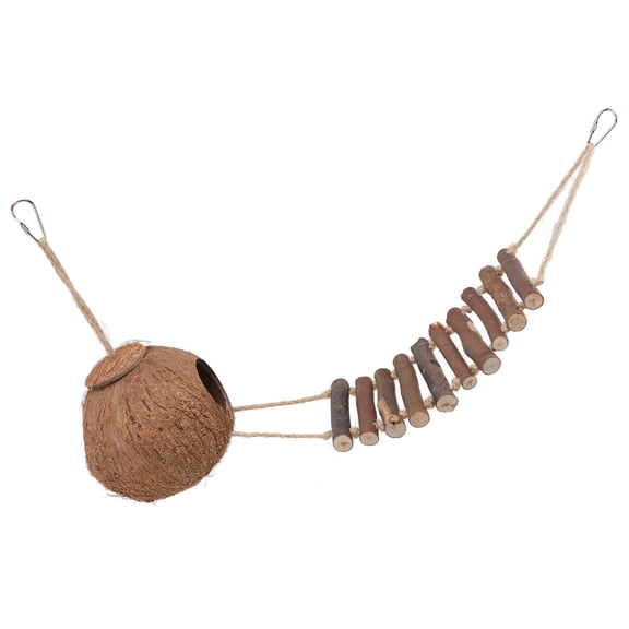 Xirurus Natural Coconut House Coconut Shell Bird Nest Hanging Pet Parrot Hideaway House with Climbing Rope Ladder for Hamsters, Macaws, Finches and Small Animals, Size 18 cm / 7.09 inches Length