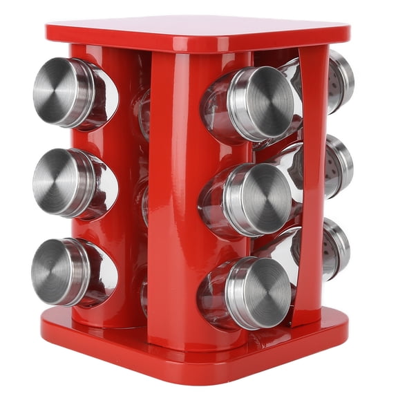 Xirurus Red Revolving Spice Rack Stainless Steel 12-Jar Rotating Countertop Organizer Tower, 10.2 x 8.7 x 8.3 inches / 26 x 22 x 21 cm