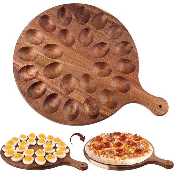 Xirurus Reversible Wooden Deviled Egg Tray, Multi-Holes Round Serving Platter, 15.75 inches / 40 cm Charcuterie Board for Kitchen Parties