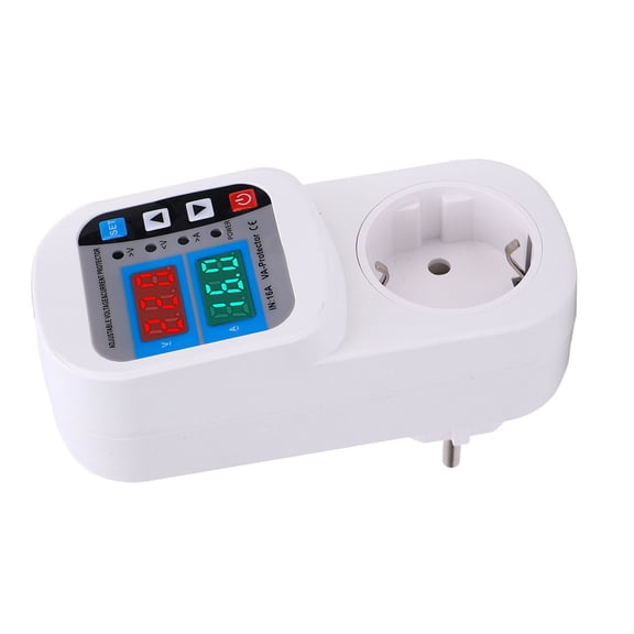 Xirurus Surge Protector Outlet 16A Adjustable Digital Display Automatic Voltage Current Guard Socket, Overvoltage Undervoltage Protection Plug for Home, 230V AC EU Standard, Rectangle White