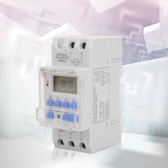 Xirurus TM919A-2 200-250V AC 16A LCD Programmable Digital Timer Switch. Designed for precise scheduling with a 1min to 168hours range and built-in CR2032 battery for reliability.