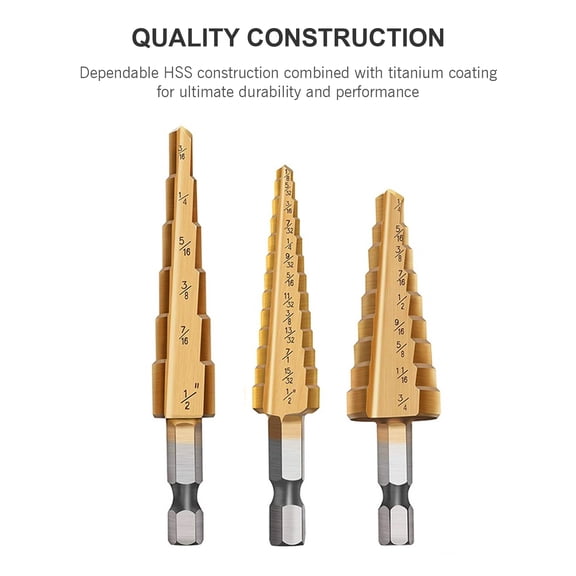 Xirurus Titanium-Coated High Speed Steel Step Drill Bit Set, 3-Piece Multiple Hole Drilling Tool for Metal, Wood, Plastic, Aluminum, Copper, Replacement for 28 Individual Drill Bits, Gold