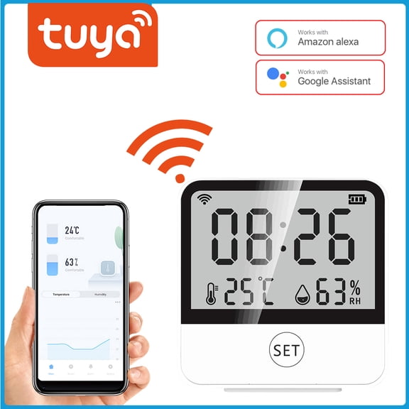 Xirurus Tuya WiFi Smart Temperature Humidity Sensor Large LCD Display App Remote Monitor Intelligent Linkage Alexa Compatible Wireless Thermohygrometer for Home Bedroom Kitchen (2.8 in / 70 mm)