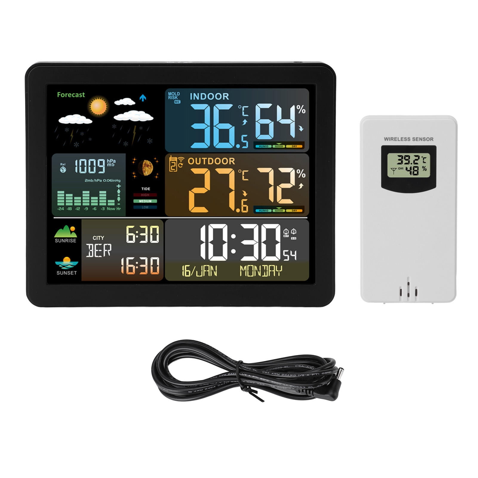 Xirurus Wireless Weather Station – Digital Display, Indoor/Outdoor Temp & Humidity, 6‑Hour Forecast, Moon Phase, Sunrise/Sunset, Alarm Clock