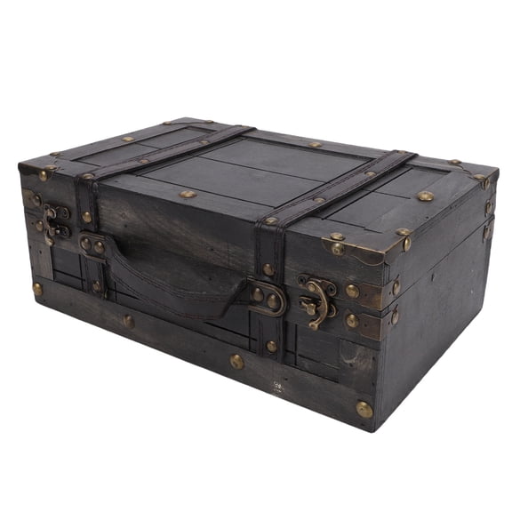 Xirurus Wooden Chest Vintage Wood Storage Trunk with Lid Retro Suitcase Portable Box Ancient Photography Props S 1624B-01 Gray