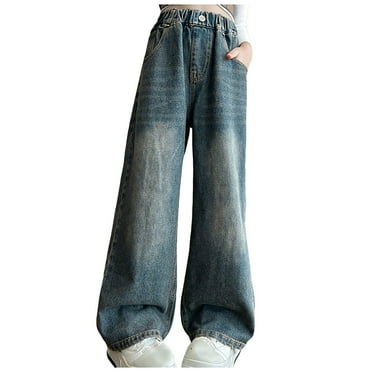 Xiuong Girls Jeans- Baggy Wide Leg Casual High Rise Kids Denim Pants (Blue,5-6 Years)