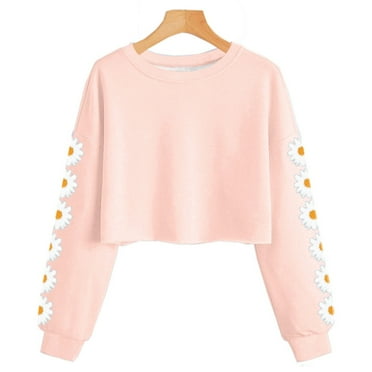 Xiuong Kids Crop Tops Girls Long Sleeve Tee Shirts Cute Daisy Pinted Fashion Sweatshirt Pullover Top (Pink,10-11 Years)