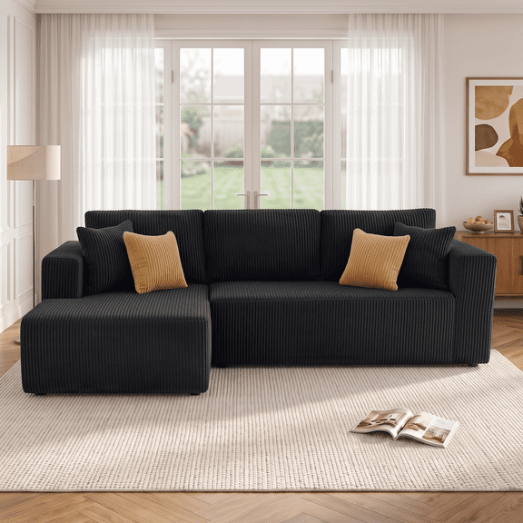 Xiweot 102" Boneless Cloud Couch with Chaise, Modular Sectional Sofa for Living Room, No Assembly Required, Deep Seat Corduroy L-Shape Cloud Couches, Black