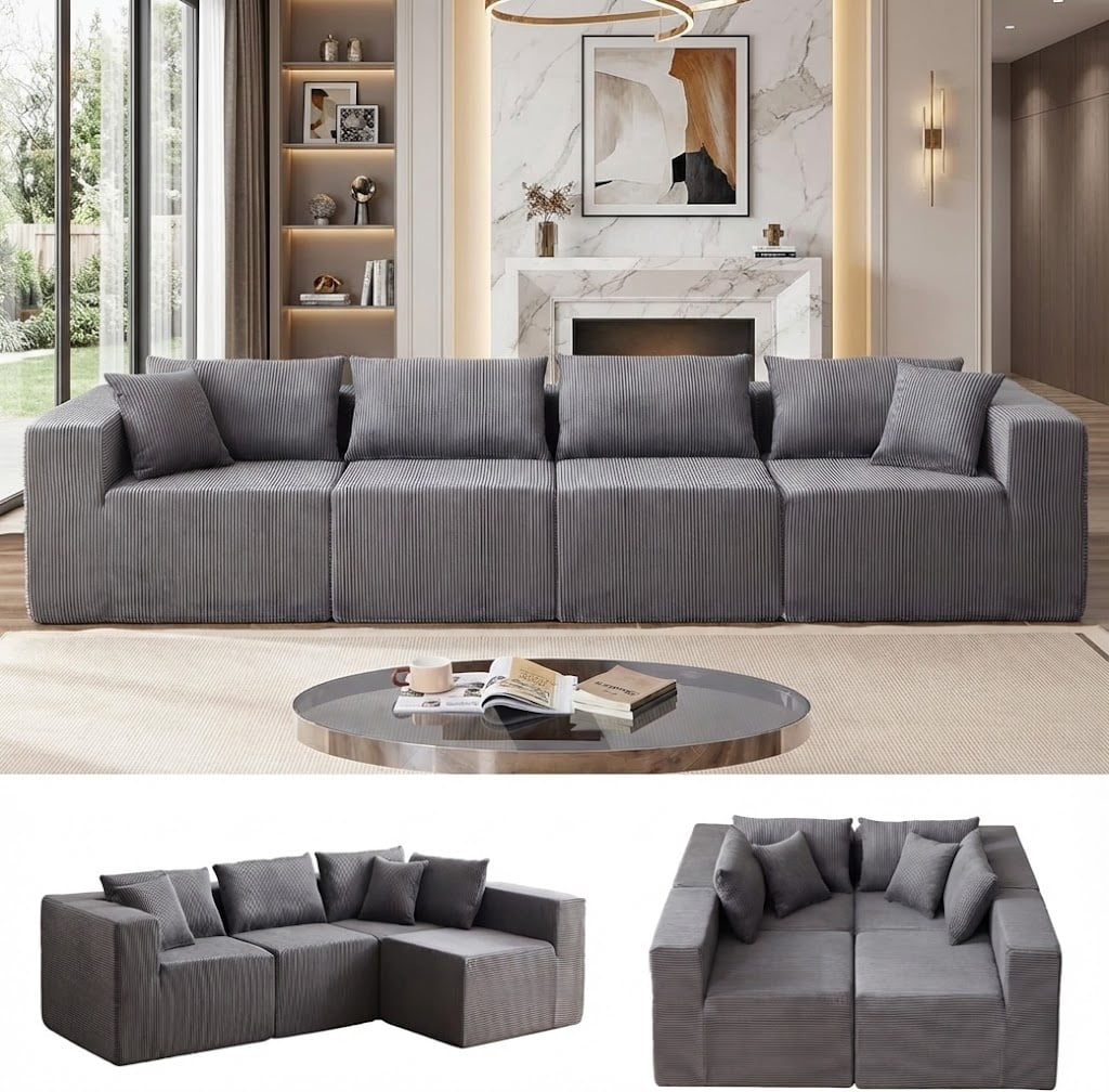 Xiweot 104” Modular Sectional Sofa, 4 Piece L Shaped Sectional Sofa & Floor Couch, Corduroy Foam Filled Compressed Sectional Couch for Living Room, Bedroom (Grey)