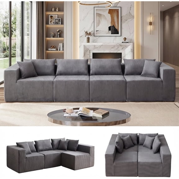 Xiweot 104” Modular Sectional Sofa, 4 Piece L Shaped Sectional Sofa & Floor Couch, Corduroy Foam Filled Compressed Sectional Couch for Living Room, Bedroom (Grey)