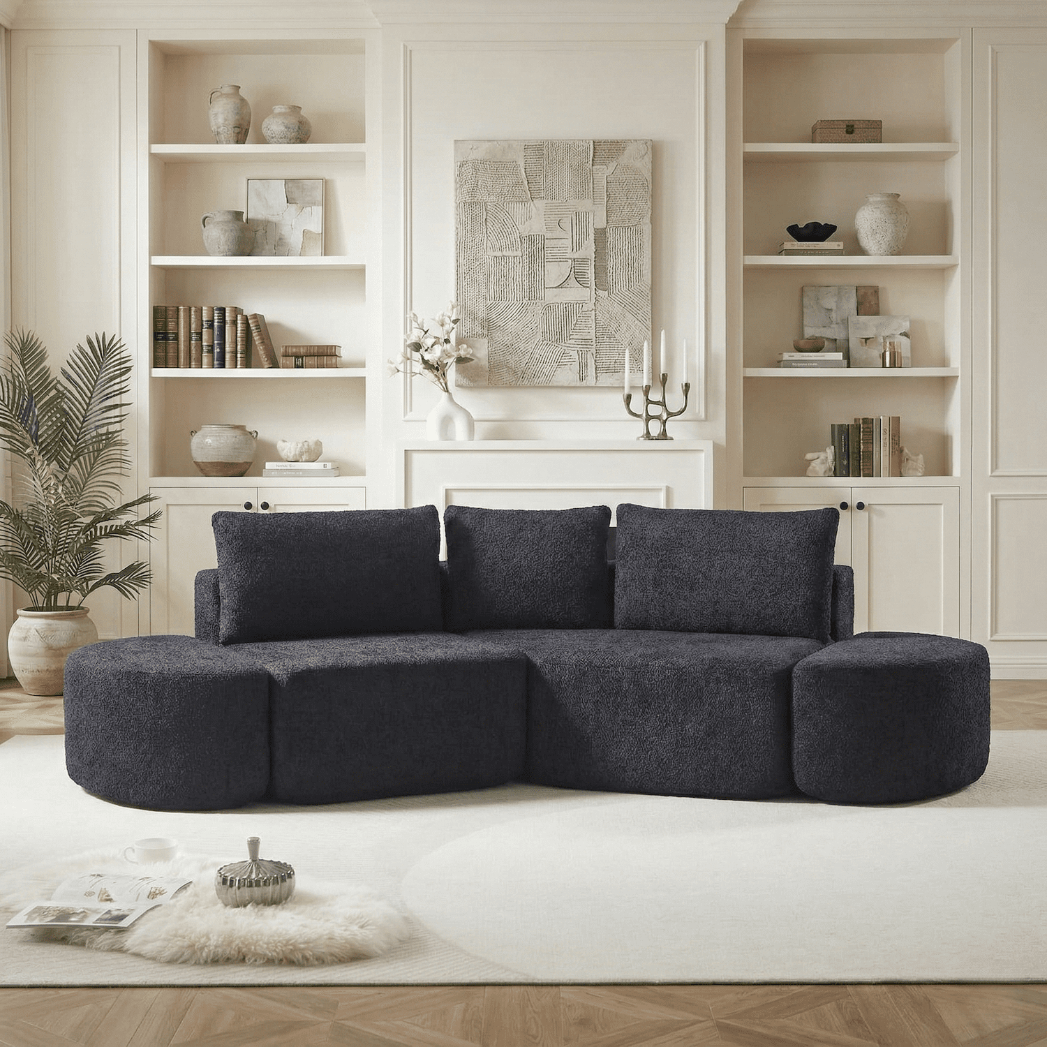 Xiweot 106" Cloud Sectional Couch for Living Room, Boneless Couch with Deep Seat, Chenille Modular Sectional Sofa with Curved Ottomans, No Assembly (Black)