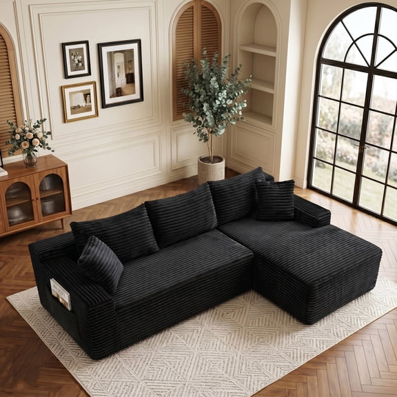 Xiweot 106" Cloud Sectional Sofa Deep Seat Boneless Couch L-Shaped Modular Couch, Modern Right Chaise Corduroy Upholstered Sofa with Side Pockets for Living Room, Gray