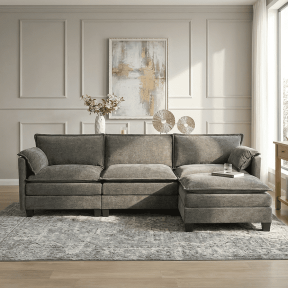 108" Cloud Sectional Sofa, Modern Chenille L Shaped Couch with Reversible Chaise, Deep Seat 3 Seat Modular Sectional Couch with Pillows, Comfy Upholstered Couch for Living Room Apartment (Gray)