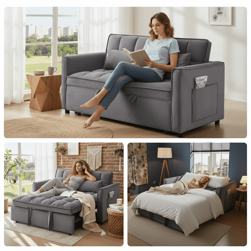 Xiweot 3 in 1 Sofa Bed, 55" Convertible Sleeper Sofa with Pull Out Couch & Adjustable Backrest, Velvet Loveseat Sofa with Side Pockets for Living Room, Bedroom, Apartment, and Small Space (Dark Gray)