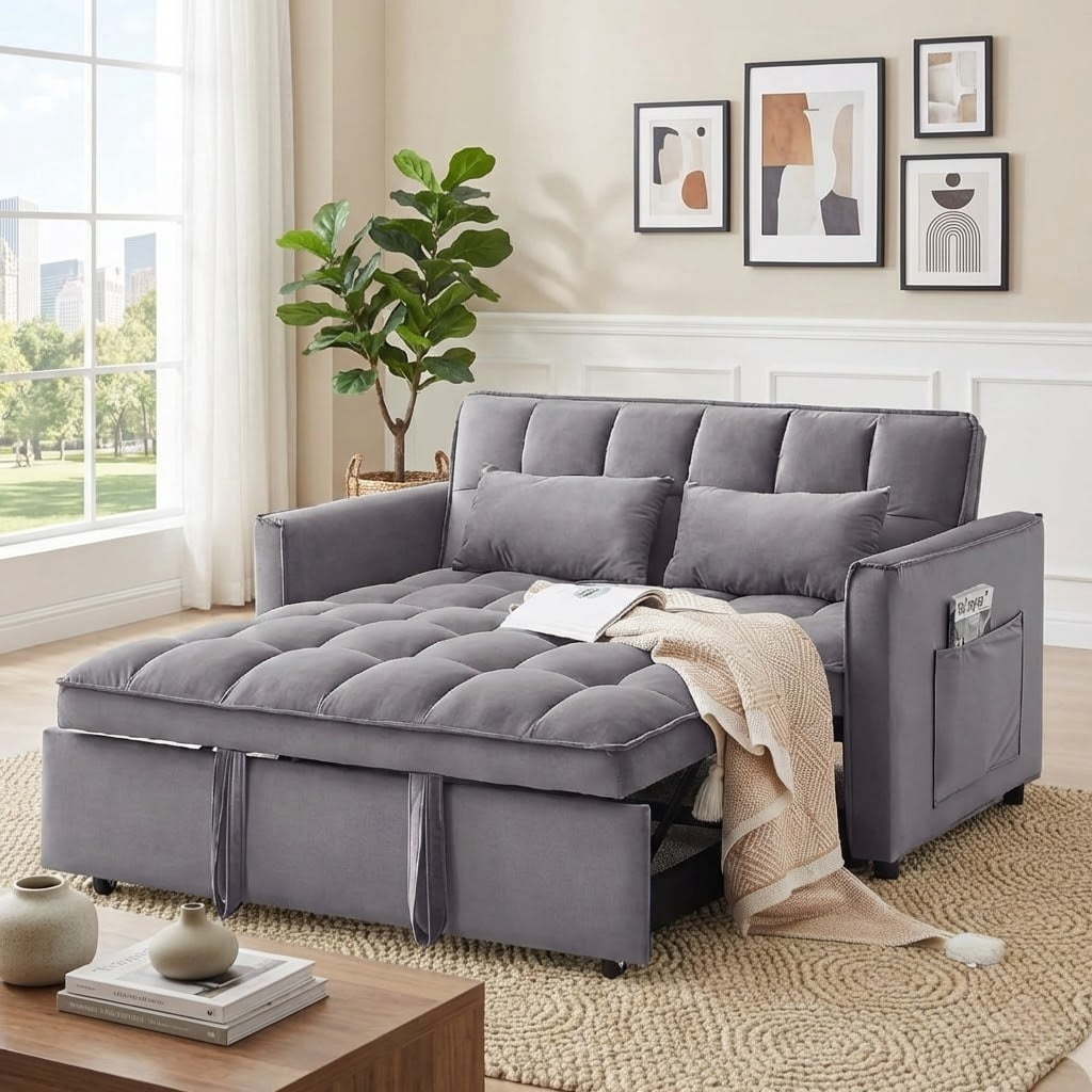 Xiweot Convertible Sleeper Sofa Bed, 55" Pull Out Couch with Side Pockets, 3 in 1 Velvet Loveseat Sofa with Adjustable Backrest for Living Room Bedroom Apartment (Dark Gray)