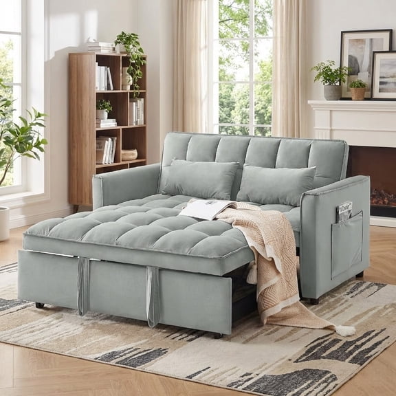 Xiweot Convertible Sleeper Sofa Bed, 55" Pull Out Couch with Side Pockets, 3 in 1 Velvet Loveseat Sofa with Adjustable Backrest for Living Room Bedroom Apartment (Light Gray)